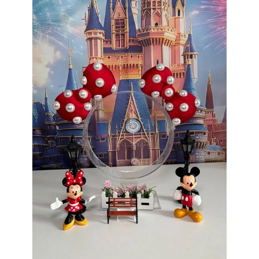 Mouse Red Pearl Polka Dot Bow Hair Clips . 2pc